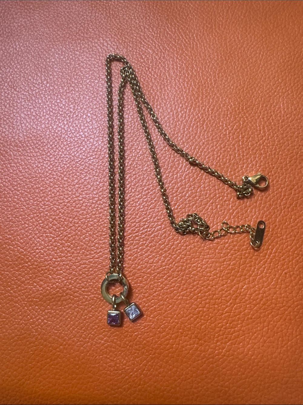 Gold-Tone Double Pendant Necklace with Purple & Clear Stones